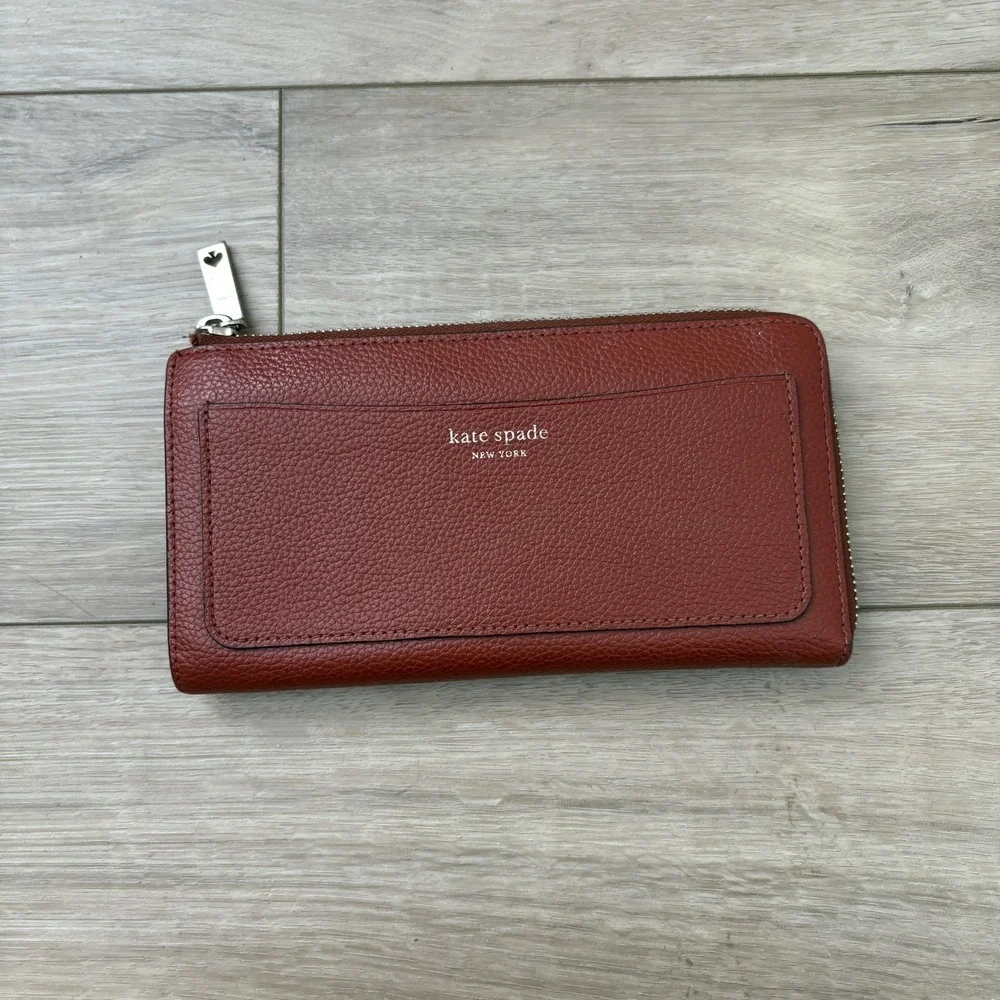 Kate‎ Spade Chestnut Brown Pebbled Leather Eva L Zip Continental Wallet Clutch